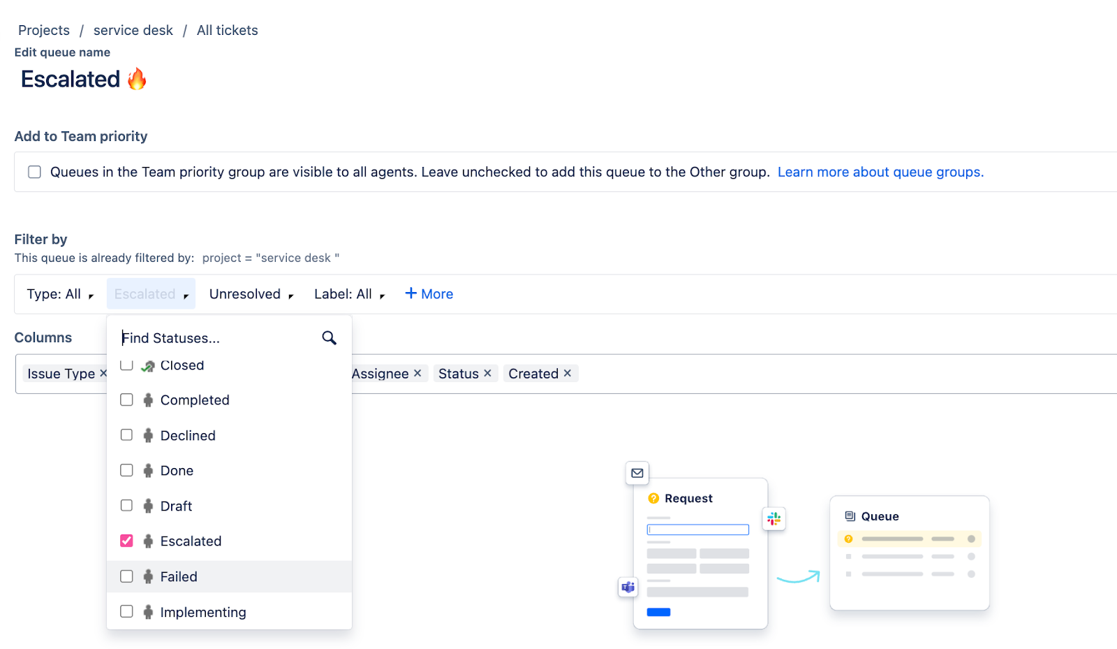 Customize queues to organize Jira Service Management tickets