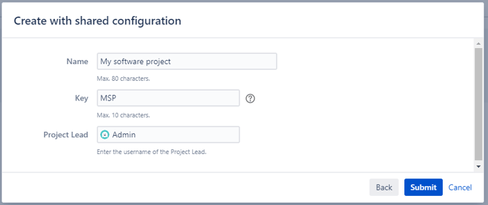 Assign a name, key, and leader to the new Jira project.