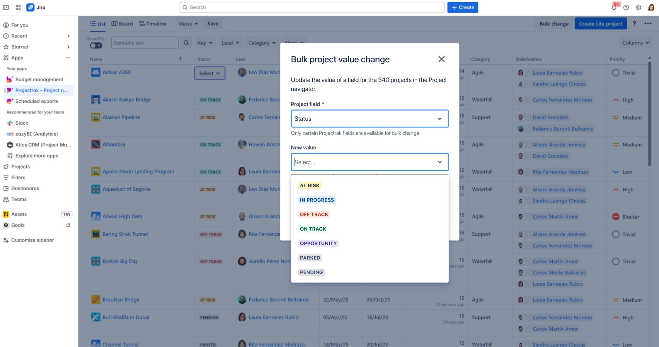 Project portfolio bulk change for jira is available with Projectrak for Jira directly from the Atlassian Matketplace with the Advanced edition
