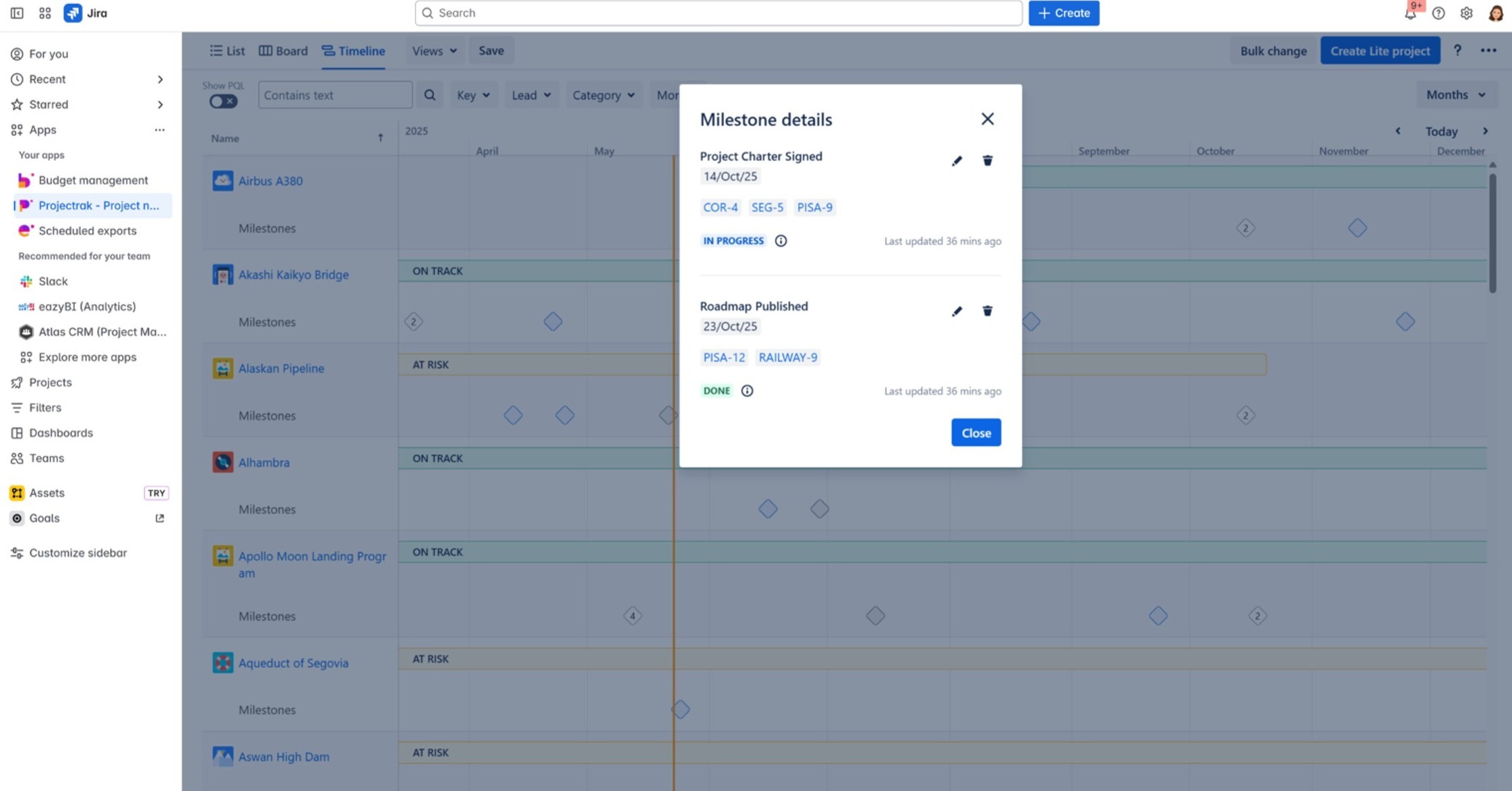 Get project milestones for Jira to add project structure to Jira with Projectrak
