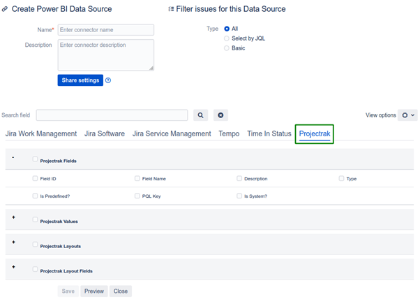 Configuring Projectrak as a data source to export from Jira to Microsoft Power BI using the Power BI Connector for Jira.