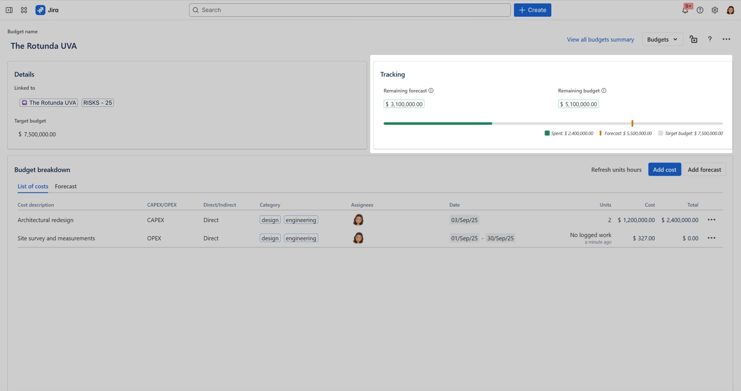 Budgety for Jira allows calculating variance simply by spotting the difference between the forecasted vs planned budget