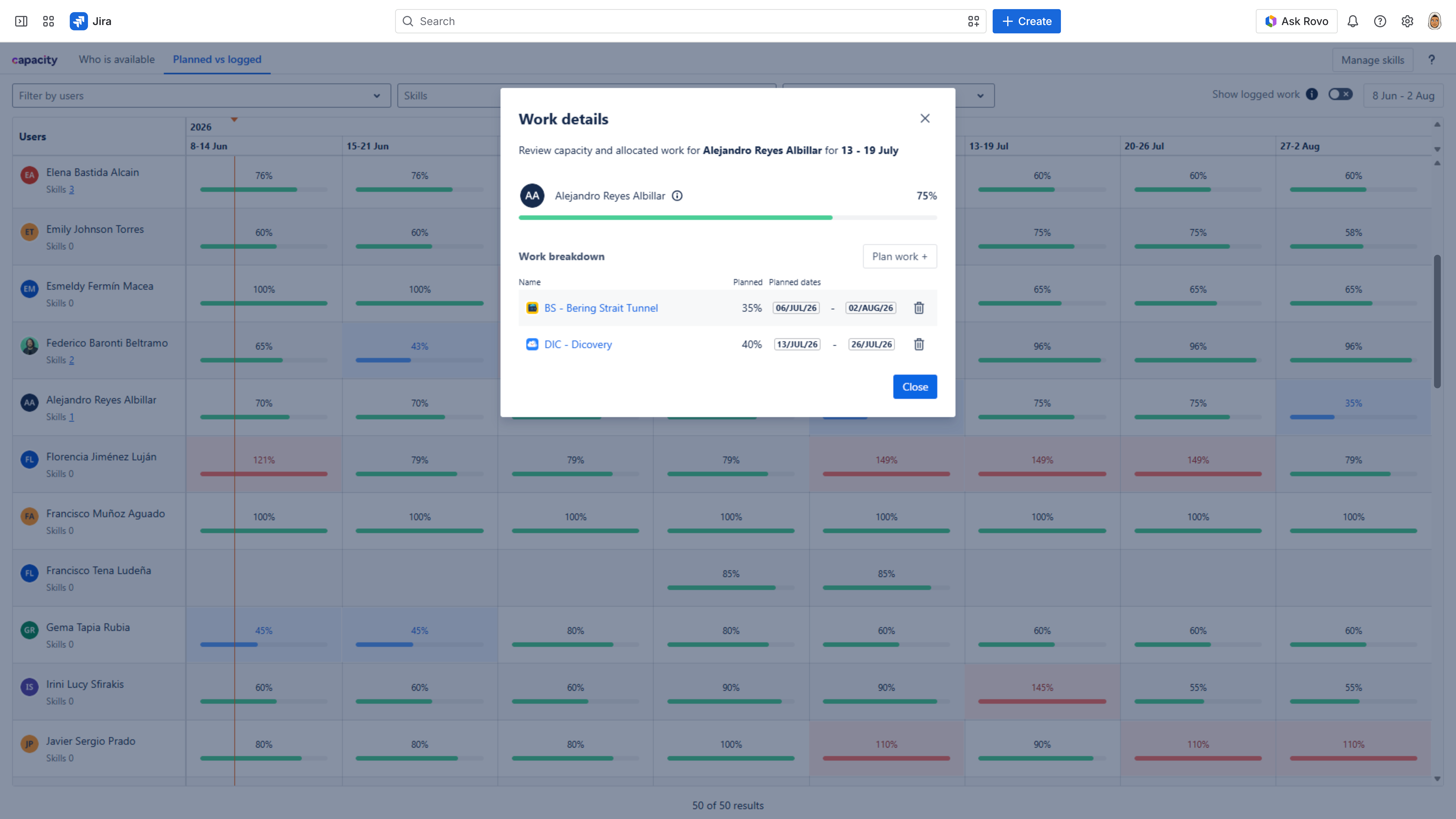 Capacity for Jira planned work and workload view
