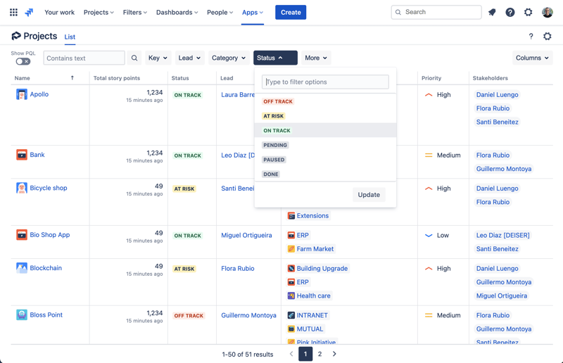 Project list view from Projectrak s for Jira Cloud to visualize and centralize all of your Jira projects in one place