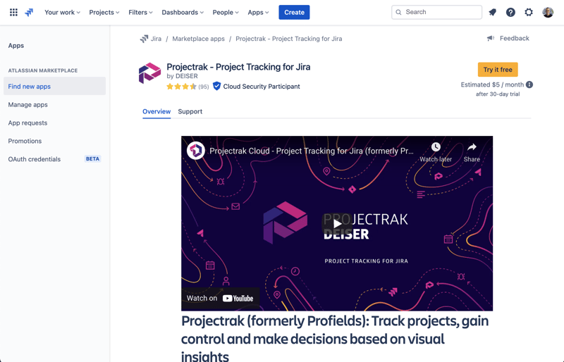 how to download and install Projectrack for Jira Cloud Project Tracking