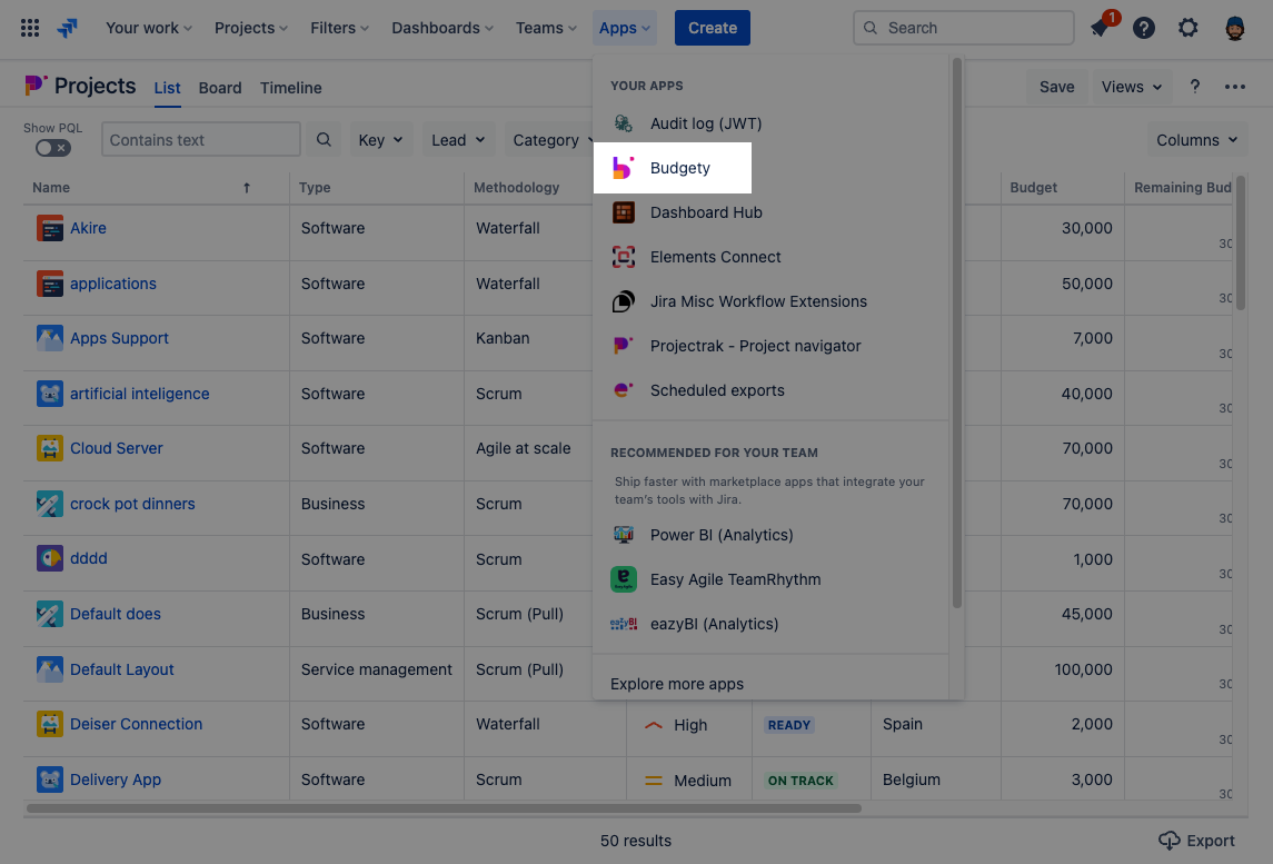 Once installed, Budgety will appear in the Jira apps menu.