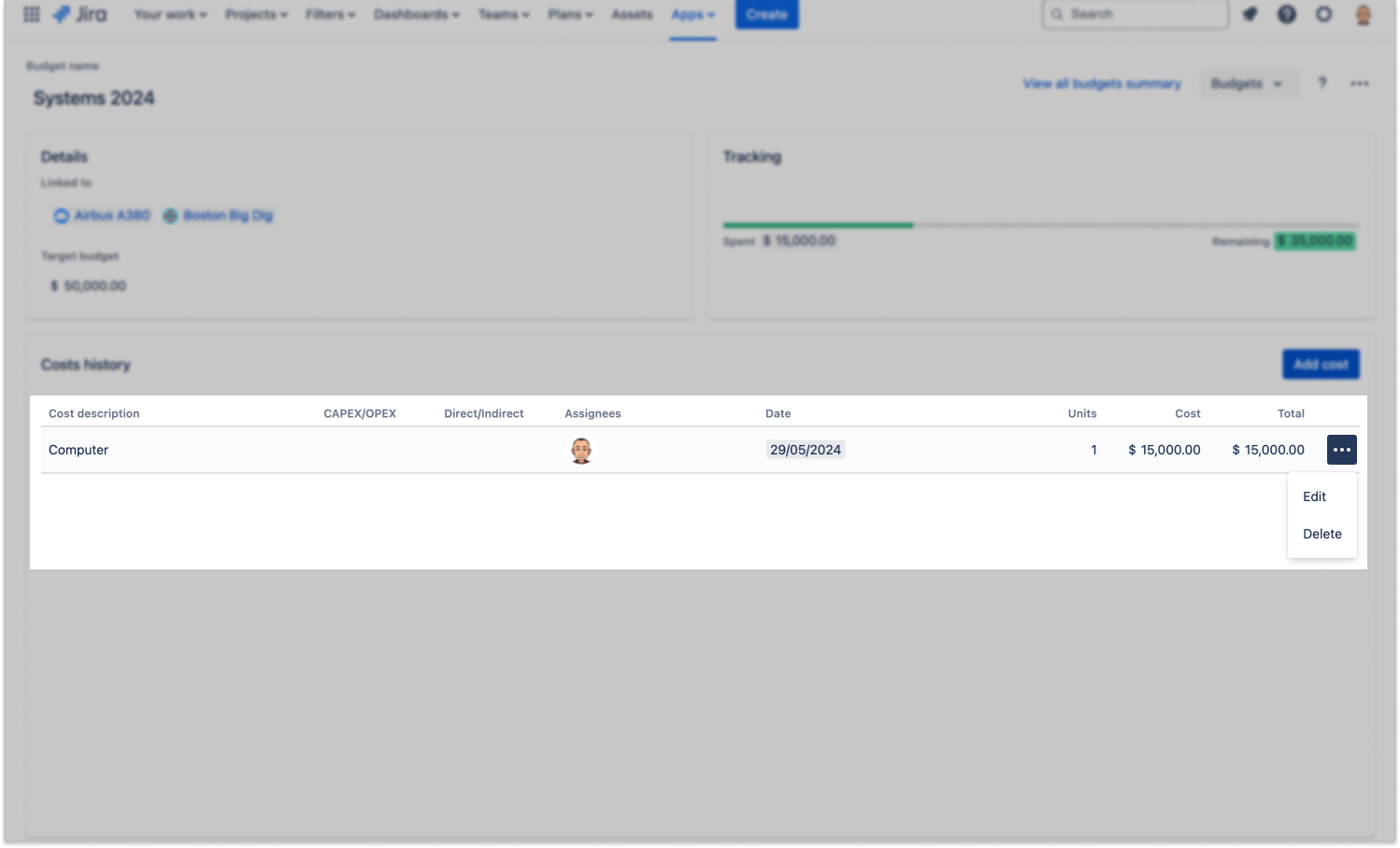 editing costs and budgets in Jira with Budgety