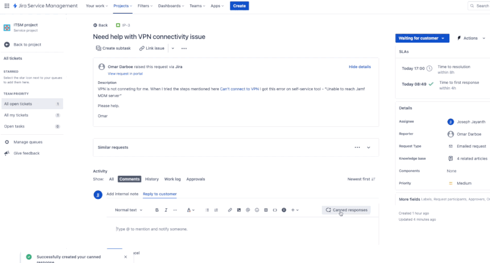 Use the new Jira Service Management Canned Responses feature