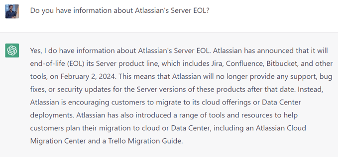 ChatGPT about Atlassian Server EOL