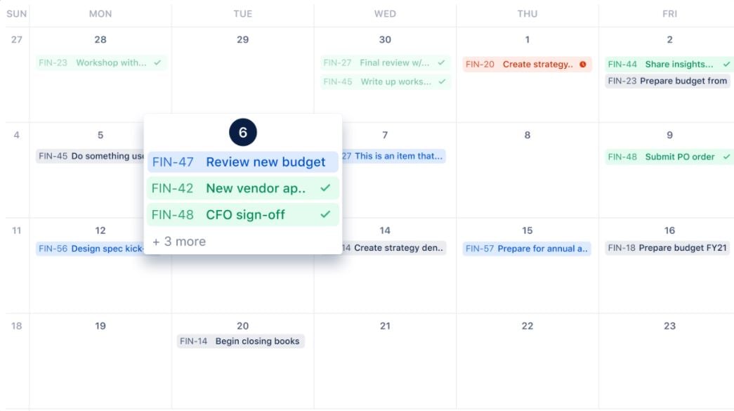 The Jira Work Management Calendar View allows to see a monthly view of work