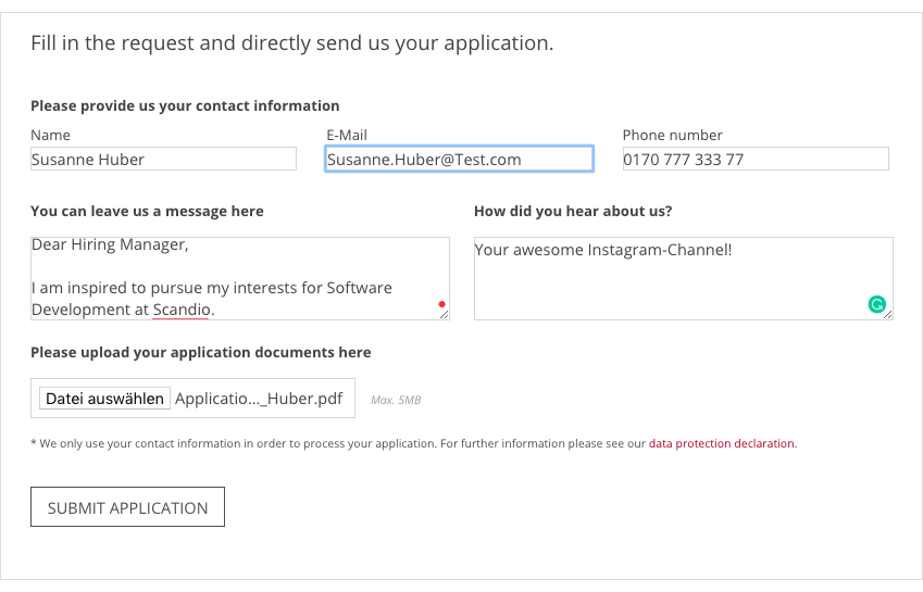 Example of a predefined CV submission form in Jira