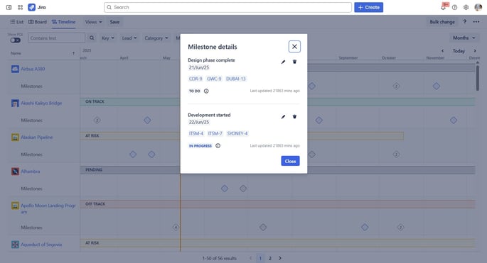 Projectrak's milestones within the Timeline view for projects