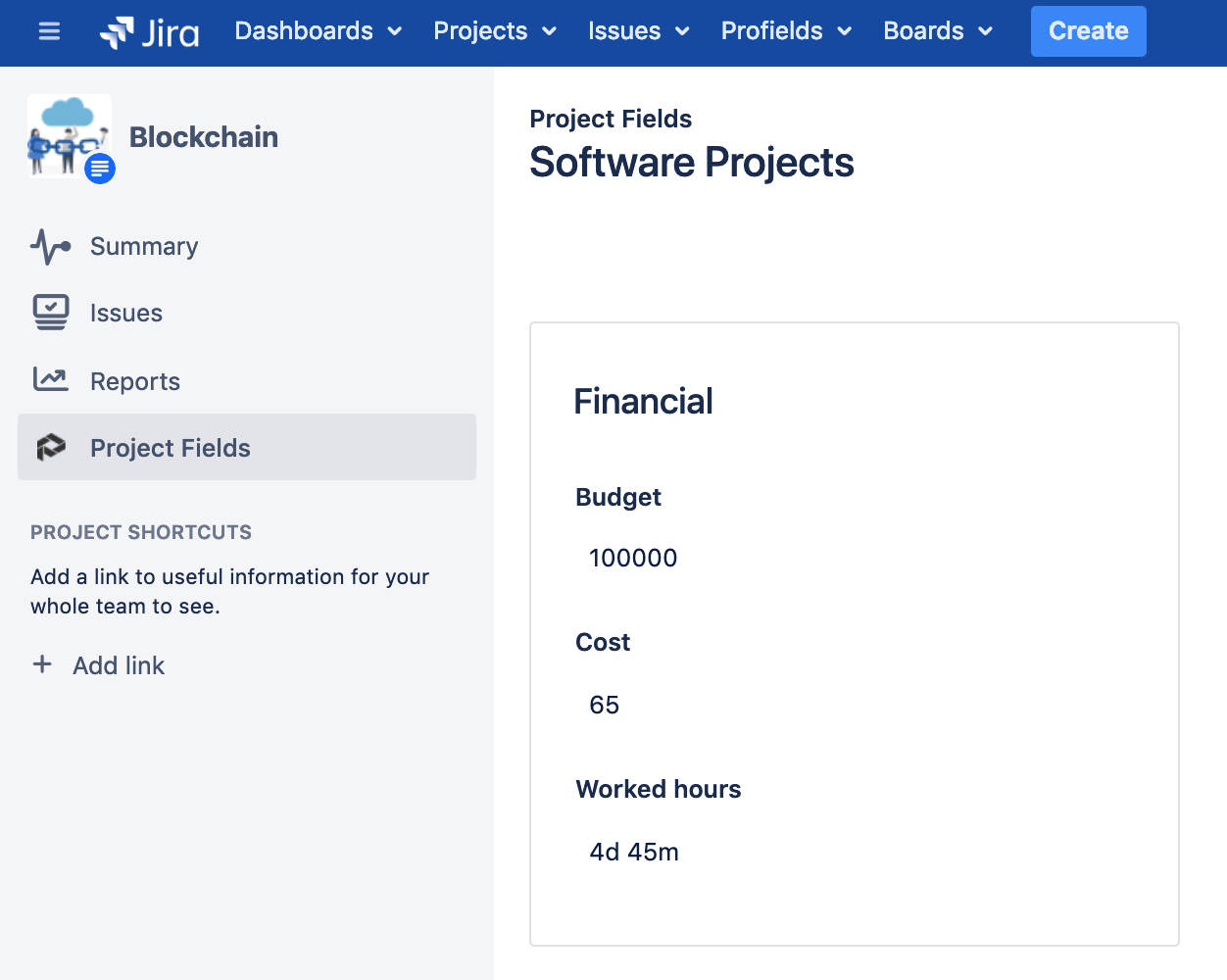 Project Layouts in Jira with Budgets, Costs, and total Worked Hours with Projectrak app