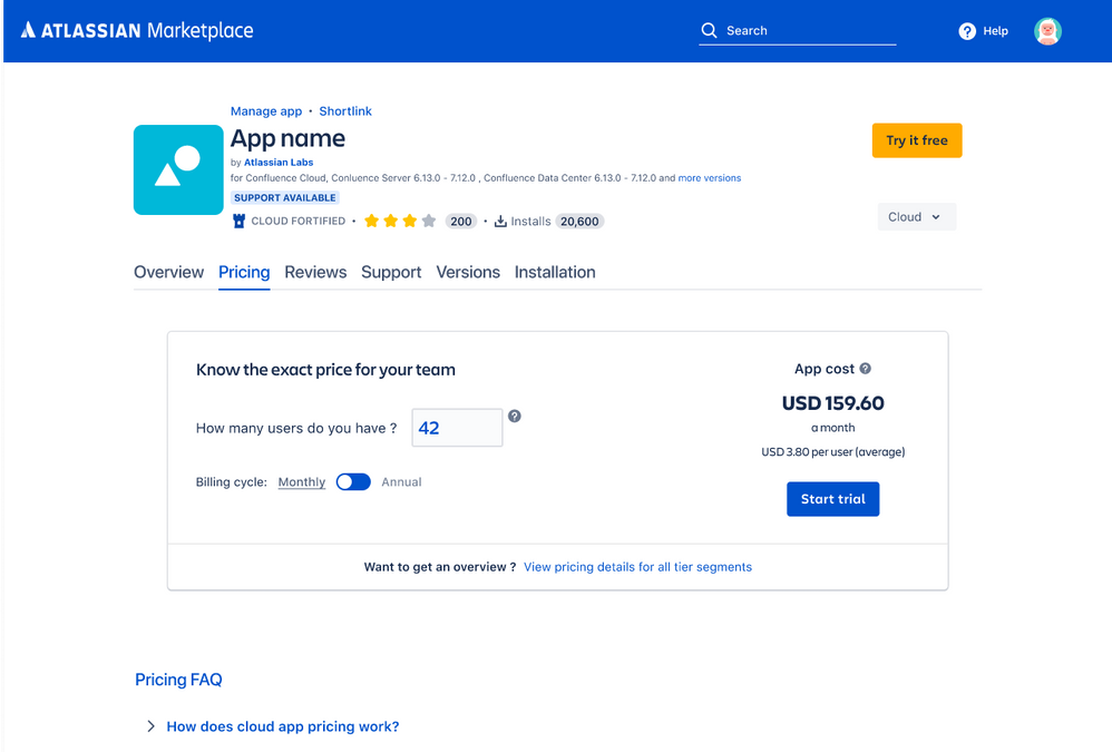 Calculadora de precios de apps Cloud del Marketplace de Atlassian