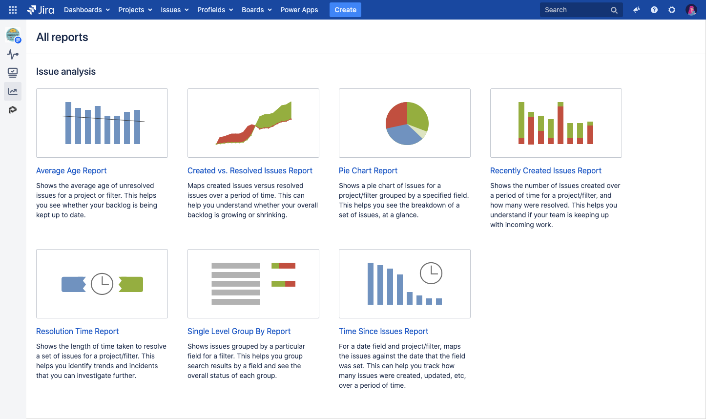 The different reports Jira offer for issues.