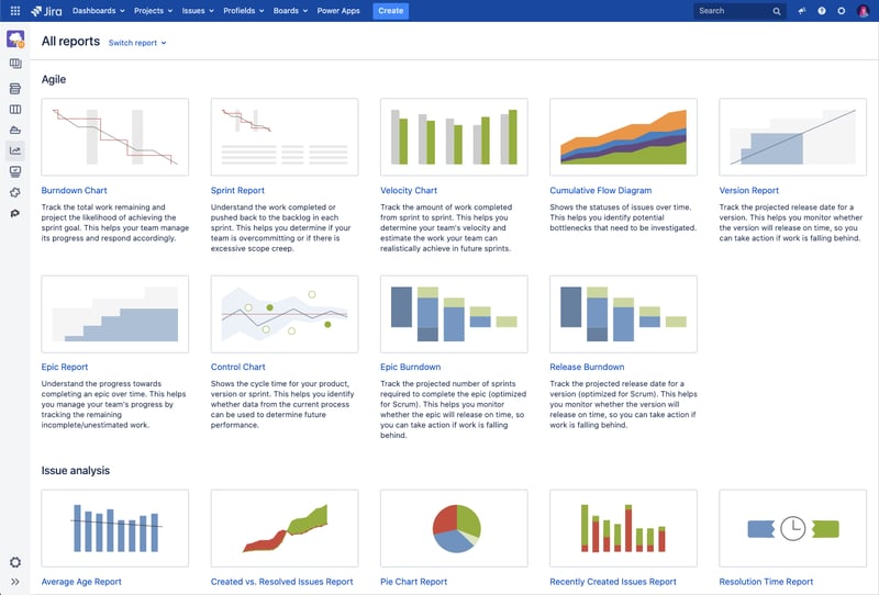 Cariedad de informes de proyecto scrum que ofrece Jira