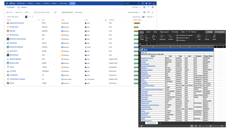 Profields allows to export projects from Jira to Excel.