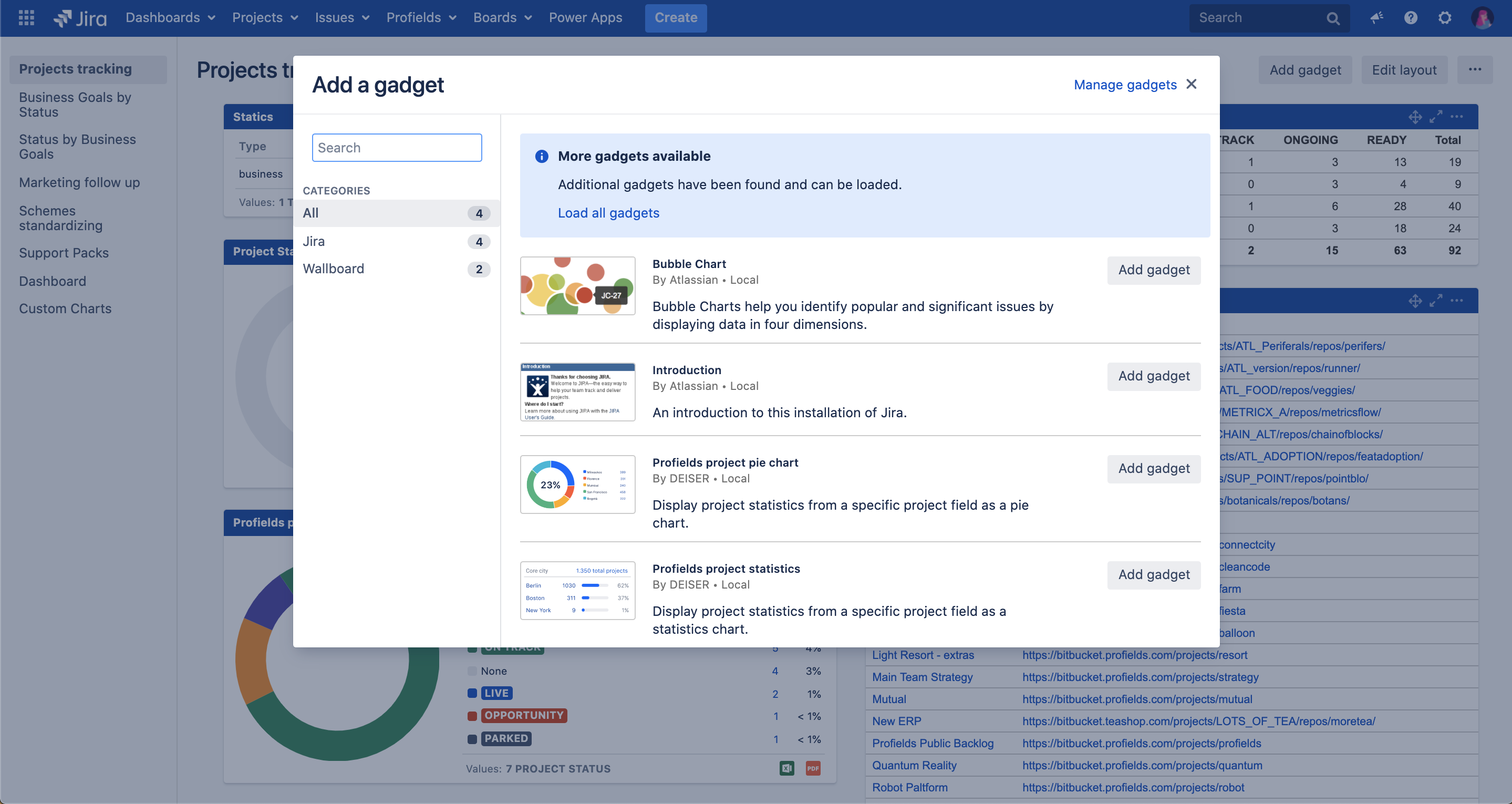 The gadgets directory is available from the upper right side of the Jira dashboards screen, from the "Add gadget" button.