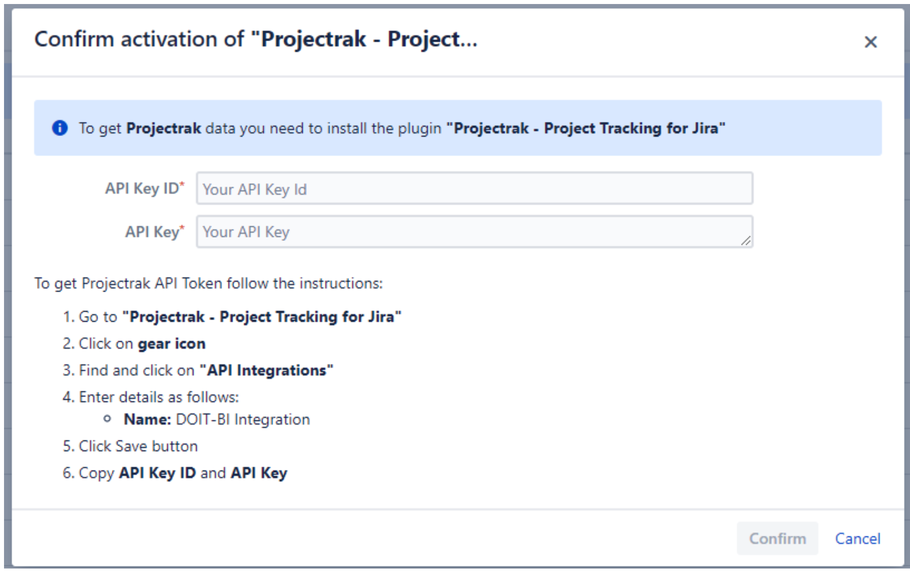 Añade la API Key ID y la API Key para conectar Projectrak con Microsoft Power BI Connector