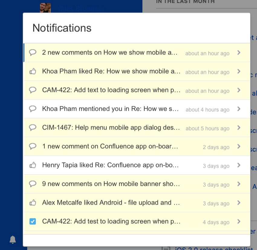 In-App notifications in the content collaboration software of Atlassian, Confluence