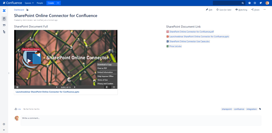 SharePoint Online Connector para Confluence es una app disponible en el marketplace de Atlassian