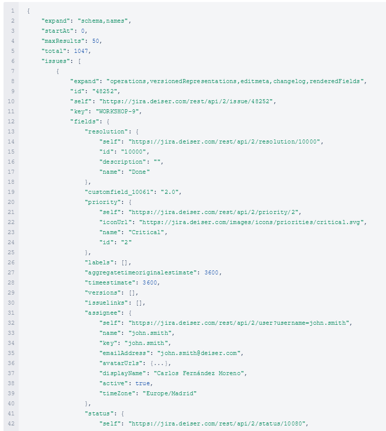 Jira export API REST and the looks of the data of an issue and how it's displayed.