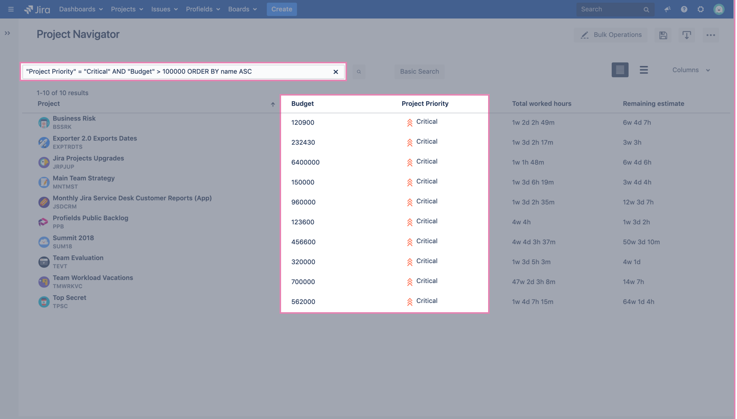 Profields' Project Navigator, the place where you can find, filter among all of your projects in JIra