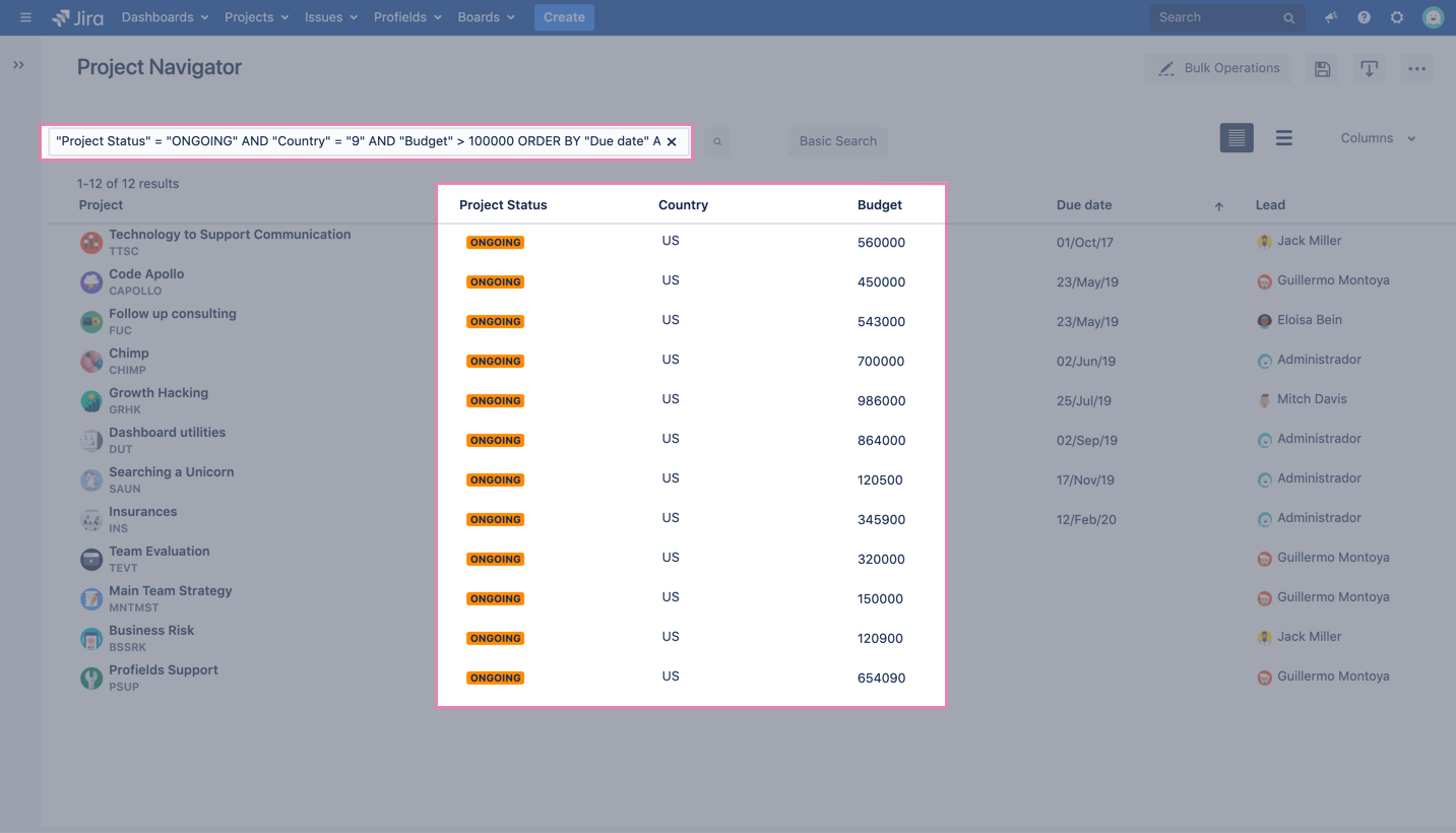 Filtering ongoing projects in Jira with Profields' Project Navigator