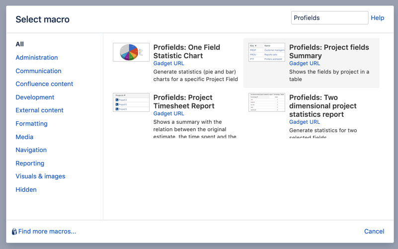 Add Profields gadgets that shows project information in Confluence