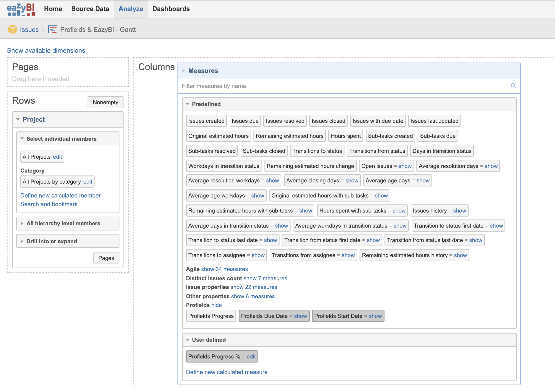 Imported project properties from Profields into eazyBI configuration for Jira multiple project tracking