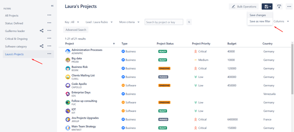 How to save filters in the projects navigator in Jira's app profields