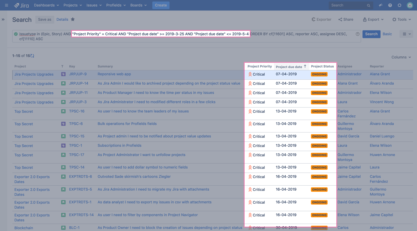 projects field critical JQL search in Jira's app profields