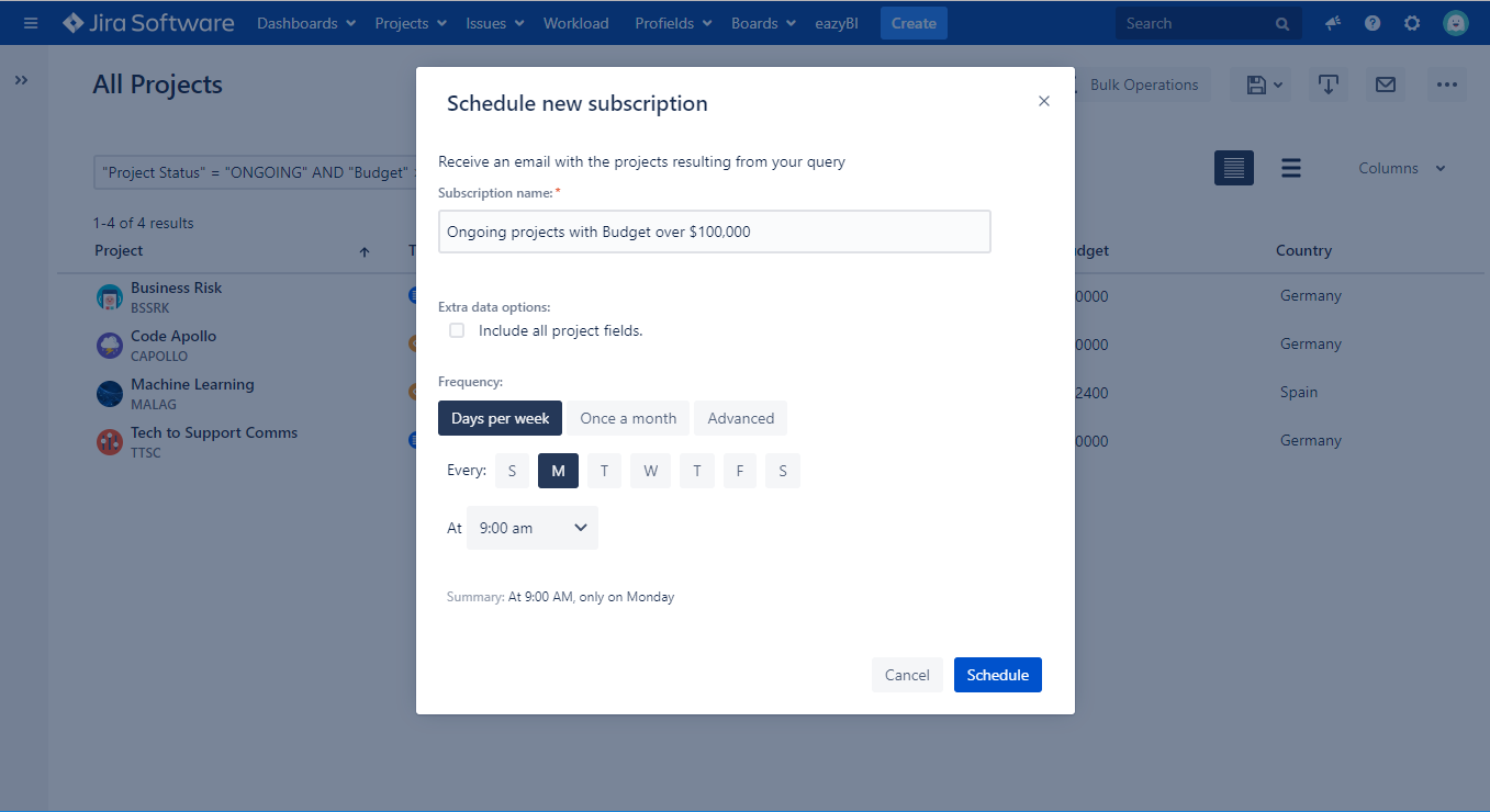 scheduling a subscription to a project query with Profields