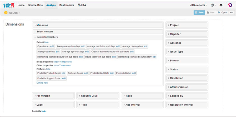 Profields calculate all the project information needed in the measures field in eazyBI for Jira