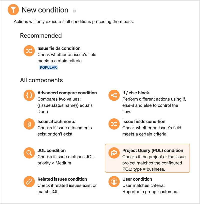 The list of conditios to create with Automation for Jira and Profields