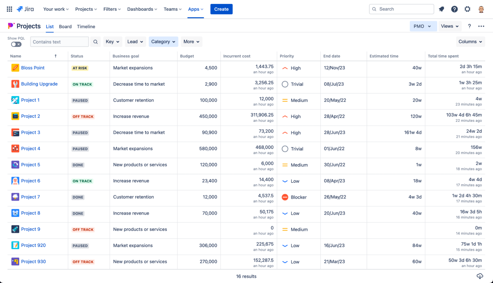 Project portfolio in Jira provided by Projectrak for Jira app