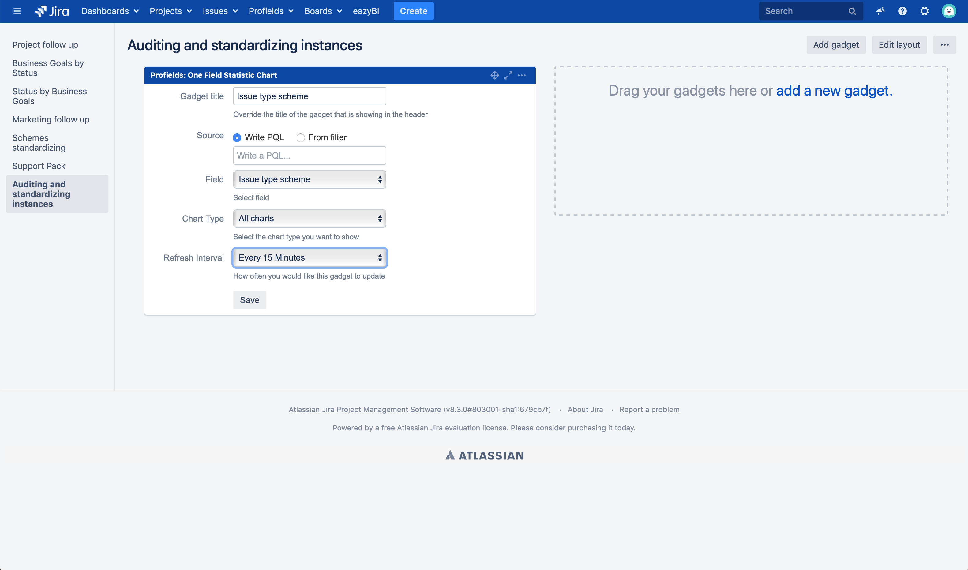 How to configure gadgets in Profields for Jira enterprise instances audits